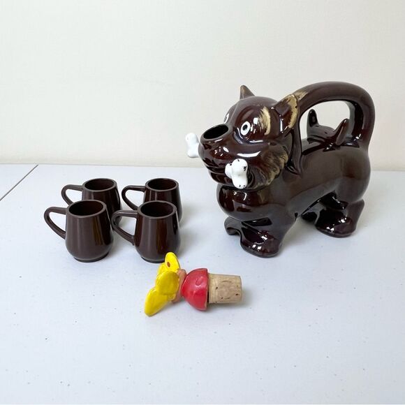 VTG MCM Dog Butterfly Nose Decanter And Four Shot Glasses - Picture 7 of 10